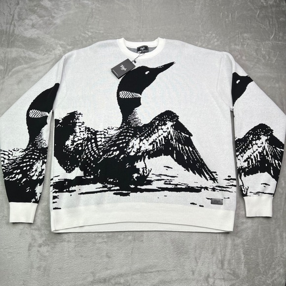 Waggle Other - Waggle Loon Call Wildknit Crewneck‎ Sweater Mens XL White Black Bird Graphic